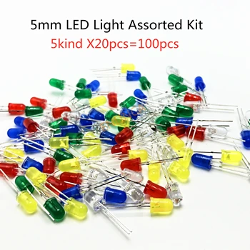 5kind X20pcs=100pcs 5mm DIODO emissor de Luz Sortidas Kit DIY Conjunto de LEDs Branco Amarelo Vermelho Verde Azul 5kinds X 20pcs