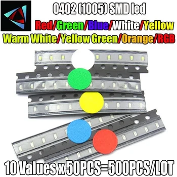 500Pcs/Lote 10 Valores de x 50Pcs 0402 emissor de luz de SMD Kits Vermelho Amarelo Azul Verde Esmeralda, Laranja, Branco Quente Frio RGB Roxo