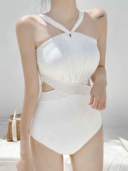 VigorCasey 2022 Sólido Amarrado Halter Swimwear das Mulheres Sexy Cintura Alta Empurre-a para CIMA de Um Maiô de Peça Monokini Verão, Praia de maiô