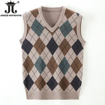 Camisola de lã Quente de Outono e Inverno masculina da Nova Boutique de Moda de Diamante em forma de Treliça de Negócios informais V -neck Sweater Colete