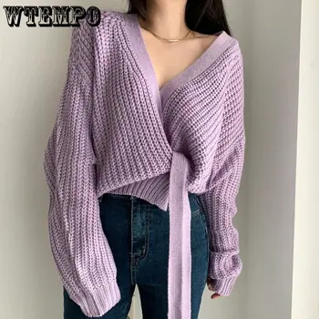 Roxo Suéter de Mulheres 2022 Outono Inverno Plus Size Harajuku Casaquinho de Malha com Cinto da Moda de Puxar Blusas no Atacado