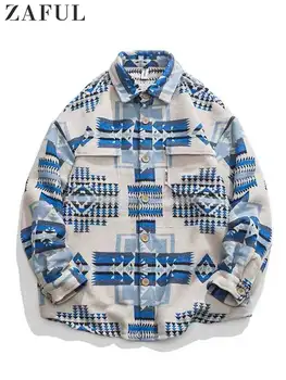 ZAFUL Camisa Jaqueta para Homens Étnica Padrão Geométrico Coats o Botão de Voar Overshirts Jaqueta com tampa, Bolso de Inverno de Roupas Tops