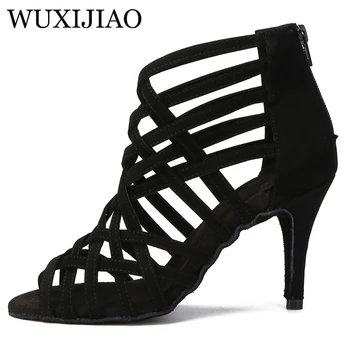 WUXIJIAO Elegante jazz, salsa exterior interior padrão latino dança sapatos femininos da moda moderna de salto alto preto de veludo sandálias