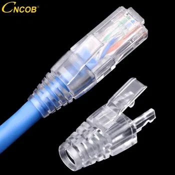 CNCOB 100pcs cat6 conector Ethernet rj45 tampa, PC duplo fivela garra transparente cabo manga de protecção, abertura de 6,7 mm