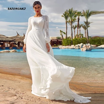 Vestido De Noiva De 2022 Elegante Boho Vestido De Noiva De Manga Longa Apliques De Renda Chiffon Muçulmano Praia Vestido De Noiva Robe De Mariée França