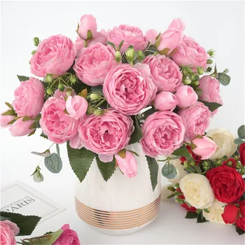 30cm de Rosa cor-de-Rosa de Seda Buquê de Peônias Flores Artificiais 5 Big Heads 4 Broto Pequeno Noiva de Casamento, Decoração do Falso Flores Artificiais