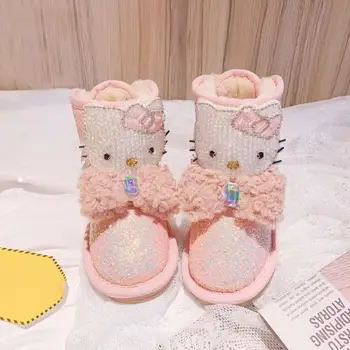 Sanrio Sapatos Hellokitty de Inverno Novo Bonito KT Gato cor-de-Rosa Botas de Neve de Botas Curtas Sapatos de Crianças Bowknot Engrossado Quente Mantendo Menina