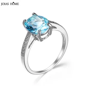 Joiashome Oval Anéis Zircon Para As Mulheres 925 Prata Esterlina Vintage Céu Azul Pedra Preciosa Aniversário De Casamento De Finas Jóias Dom Feminino