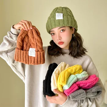 Pura Cor do Chapéu do Beanie Japonês Torção de Lã Chapéus de Mulher coreano Outono e Inverno Quente de Proteção de Ouvido Malha Fria Pac