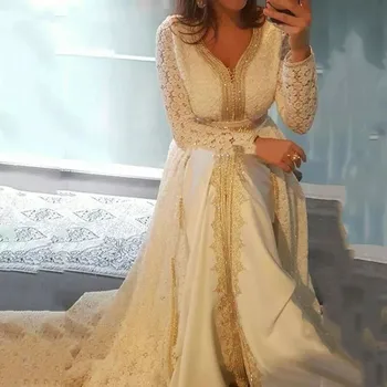 2022 Laço Marroquino Caftan Noite Vestidos De Ouro Apliques Vestidos Especiais Da Ocasião Árabe Muçulmano Longos Vestidos De Festa À Noite