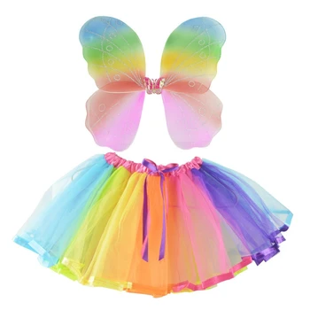 Arco-íris de Asas de borboleta Fantasia para Crianças de Meninas de Vestir Criança com Asas de Fada Saia Tutu para a Festa de Halloween T8NB