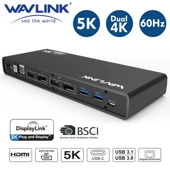 Wavlink Universal Estação de Ancoragem Displaylink 5K USB-C Visor Duplo USB 3.0 Vídeo Gigabit Ethernet HDMIport Para Windows, Mac OS