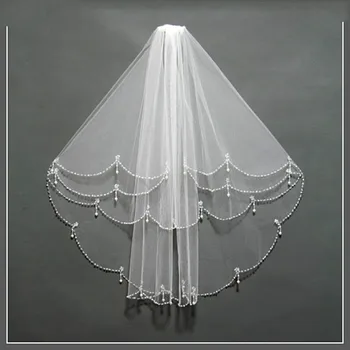 Fotos reais Beading Borda de Casamento Véu de Noiva Branco Marfim Noiva de Véu de Duas Camadas Comprimento do Cotovelo Véu