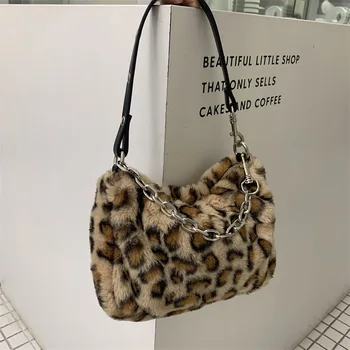 Retro Pelúcia Mulheres Sacos de Ombro, estampa de Leopardo das Senhoras do Projeto de Peles nas Axilas Bolsa com Alça de Corrente Fêmeas Pequena Praça Bolsas