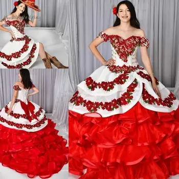 Único Vermelho E Branco Vestidos De Quinceanera Com Saia Removível 2 Em 1 Bordado De Doce De 15 Vestido De Organza Babados, Apliques De Baile