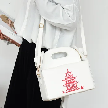 Chinês Takeout Caixa de Torre de Impressão Bolsa para Mulheres Novidade linda Garota Ombro Messenger Bag Feminina, Sacolas Bolsa