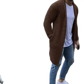 Casaquinho de Moda Homens jaqueta de Abrir Frente de Malha Suéter Casaco Frouxo de Bolso Long Cardigan