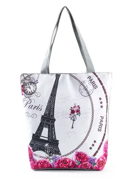 A Arte da moda Tendência de Paris a Torre de Mulheres Sacos de Eco Reutilizáveis Roupa de Construção Impresso Saco Bolsos Abertos Floral Saco de Compras de Todos-Jogo