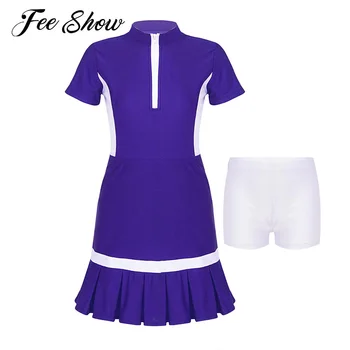 Crianças Meninas Casual Manga Curta Golf Tênis Vestidos com Shorts de Elástico Mini Plissado Vestido de Terno Esporte Badminton Vestido de roupas Esportivas