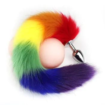 Sexy plug anal fox cauda cor-de-rosa e roxo de correspondência de cor de cabelo artificial do sexo feminino anal, masturbação dispositivo plug anal brinquedo adulto