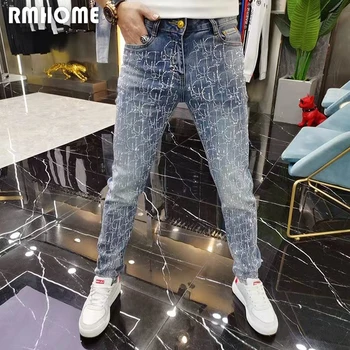 Luxo, Cheio de Strass Jeans Moda masculina Pesado Processo de Macho Apertado Lápis, Calças de Toda a Temporada Desgaste Tendência de Alta qualidade de Homem de Jeans Tr