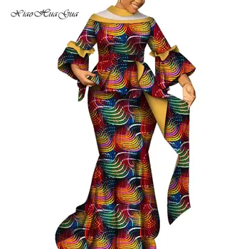 Africano de Duas peças para as Mulheres Tradicional Ankara-se Dashiki, Flare Top de Manga e Saia Longa Ternos de Vestido de Festa de Roupas WY9603