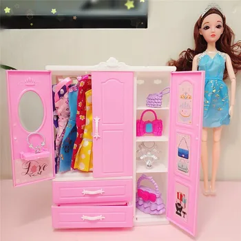 De alta Qualidade do guarda-Roupa de Plástico Armário Com Espelho Cabides para Quarto de Brinquedo Acessórios para a Boneca Barbie Móveis de Casa de bonecas