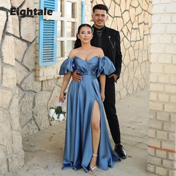 Eightale Azul Vestido de Noite para a Festa de Casamento de Cetim de Uma Linha Destacável Mangas Curtas árabe de Dubai Vestidos de Baile do Vestido da Celebridade