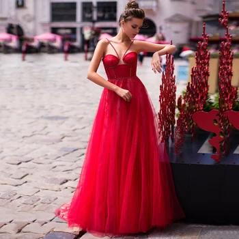 Chegada Nova Cintas De Espaguete Querida Contas Sem Mangas De Tule Uma Linha De Vestidos De Noite Vermelho Vestidos De Baile Robe De Sarau