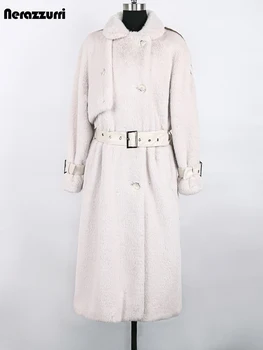 Inter de Inverno Longa e Espessa Quente macio Macio Branco Pérola Vison de Faux Trench Coat para as Mulheres com Cinto de grandes dimensões Fashion 2022