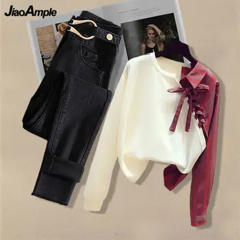 Mulheres da Moda Camisa Calças de Duas peças de Outono de Arco-nó Blusa Jeans Terno coreano Moda Elegante Top Casual Jeans Calças Conjunto