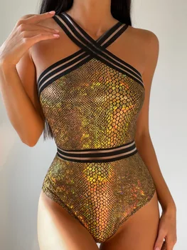 2023 Mulheres Gold Cobra Impresso Um Pedaço Swimwear Sexy Malha Monokini Maiô Cruz Pescoço Desgaste De Praia Do Verão De Emagrecimento Maiô