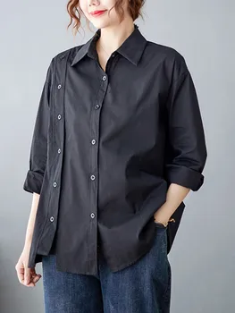 Mulheres de Manga Longa Camisas Casuais Novo 2022 Estilo Simples de Cor Sólida Todos-jogo Solto Confortável Feminino de Algodão Tops Camisa B2055