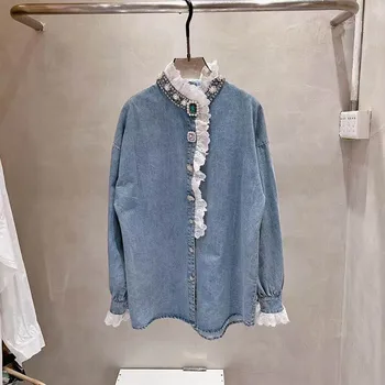 Estilo Coreano Indústria Pesada Grânulos De Diamante Incorporado Camisa Jeans Mulheres 2022 Mola Solta Novas Blusas De Rendas Superior Costura De Jean Blusa