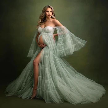 Elegante Verde Menta Maternidade Vestido para o Photoshoot ou Babyshower Tule Vestidos de Maternidade Longo Mangas de Sino Gravidez Vestido Personalizado