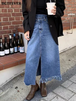 BGTEEVER Streetwear Solta as Mulheres Saias do Denim Primavera Verão Cintura Alta Único Botão de Borla Feminino Jeans, Saias