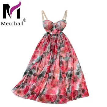 Merchall Pista Moda Floral De Uma Linha De Vestido De 2022 Verão Sexy Spaghetti Strap Flor Vermelha De Impressão Elegante Long Beach Vestidos M7378#