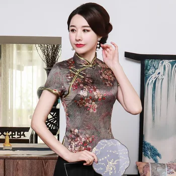 SEXY LADY Verão Rayon Blusa Chinesa Vintage de Impressão Floral Slim Camisa Novidade Noite da Festa de Formatura Superior M L XL 2XL 3XL 4XL 90505