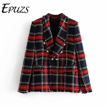 Vintage vermelho xadrez tweed blazer Casaco Mulheres Double Breasted borla paletó de Inverno casual blazer femme senhora office outerwear
