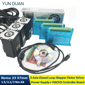 3PCS do NEMA 23 de malha Fechada Motor de Passo Unidade De 1,5 Nm Nm 2.2 3Nm +Fonte de Alimentação de 500W+4Axis CNC Breakout Board MACH3 Controlador USB