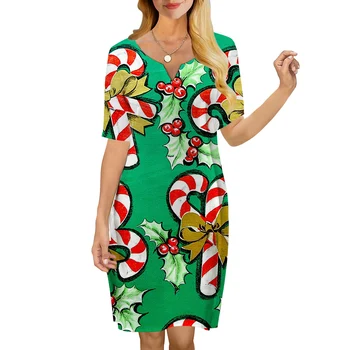 CLOOCL Mulher Moderna Vestido Verde Doces de Natal de Cana-de-Padrão 3D Impresso Casual Decote em V, Manga Curta na altura do Joelho Vestido de Vestidos