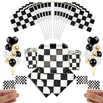 Carro de corrida de Aniversário de festas para Crianças pratos de papel Copos Preto branco em xadrez de talheres Descartáveis Xadrez Tema favores do Partido