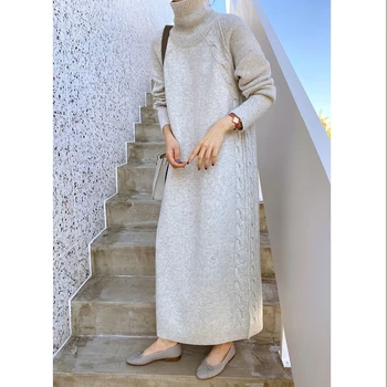 Cinzento Longo de Malha Vestido de Mulher Gola Outono Inverno de manga comprida Solta de Vestido de Camisola Vestido coreano Chique Warmelegant Malhas