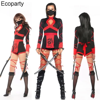Mulheres Sexy Japonesa Guerreiro Ninja Cosplay Traje Adulto Preto Vermelho Bodycon Oco Macacão De Halloween Festa De Carnaval Roupas Extravagantes