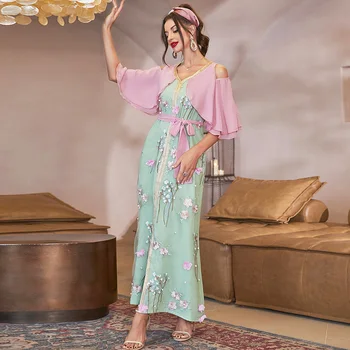2022 Exclusivo das Mulheres Vestido de Verão Chique Elegante 3D Flora Bordado Vestido Maxi Riyals de Arabian Abaya de Manga Curta, Saia Longa Senhoras
