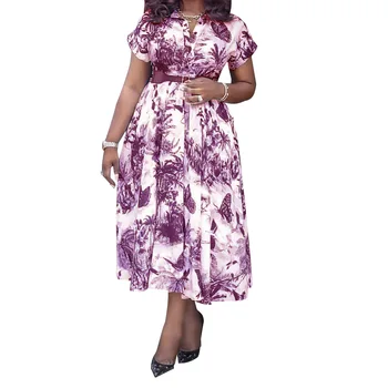 2022 Moda Verão as Mulheres Africanas de Manga Curta com decote em V Poliéster da Impressão do Joelho-comprimento Vestido de Africanos Vestidos para Mulheres Com Cinto