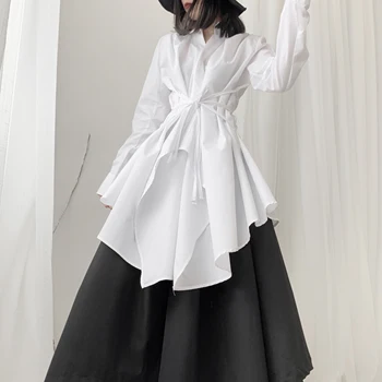 SuperAen Estilo coreano de Design Original, Camisa de Moda feminina Irregular de Longa Camisa de Vestido vez das Mulheres-para baixo de Gola Tops