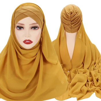 Instant Hijabs Chiffon Hijab Lenço Com Cruz Jersey Caps Bonnet Design Da Marca Véu Islâmico