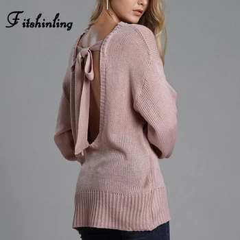 Fitshinling sem encosto bowknot camisola para mulheres fashion slim sexy-de-rosa jumper pulôver feminino roupas de malhas, blusas de inverno