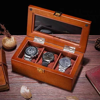 Novo 3 Slots De Madeira De Exibição Do Relógio Caixas De Caso Organizador Marrom Relógio De Madeira, Caixa De Relógio De Armazenamento De Embalagem De Presente Caixas De Jóias De Caso